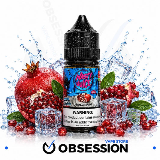 A bottle of Nasty Juice Pomegranate e-liquid centered against a white background with a dynamic splash of water, fresh whole and sliced pomegranates, green leaves, and ice cubes. The bottle label features a blue and red pomegranate graphic, and the bottom of the image includes the Obsession Vape Store logo.