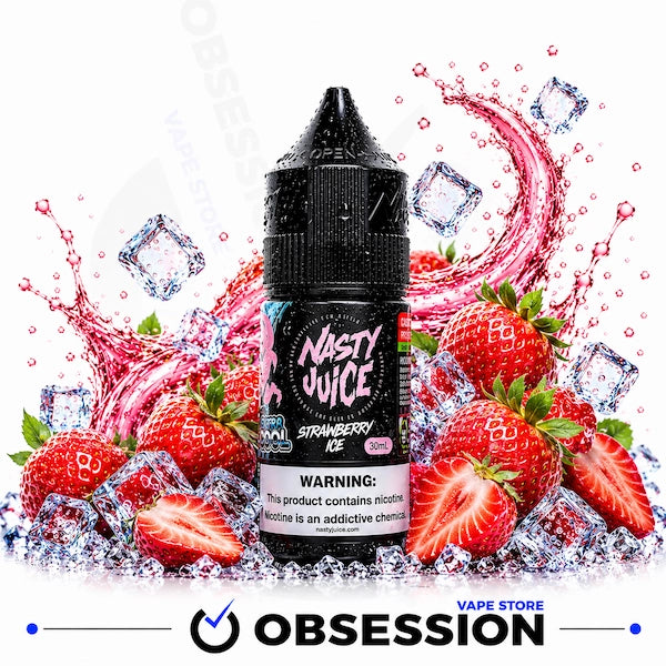 A bottle of Nasty Juice Strawberry Ice e-liquid centered against a white background, surrounded by fresh strawberries, ice cubes, and a pink liquid splash graphic. The bottle label is black with pink and white text, and a large Obsession logo appears at the bottom.