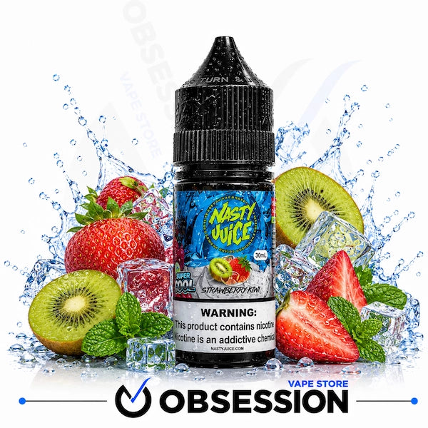 A bottle of Next Juice e-liquid in Strawberry Kiwi flavor, surrounded by fresh strawberries, kiwi slices, mint leaves, and ice cubes against a white background with water splashes. The brand Obsession is displayed at the bottom.