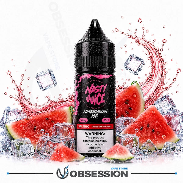 A bottle of Nasty Juice Watermelon Ice e-liquid centered on a white background, surrounded by watermelon slices, ice cubes, and red liquid splashes. The bottle label is black with pink and white text, and a warning label is visible near the bottom.