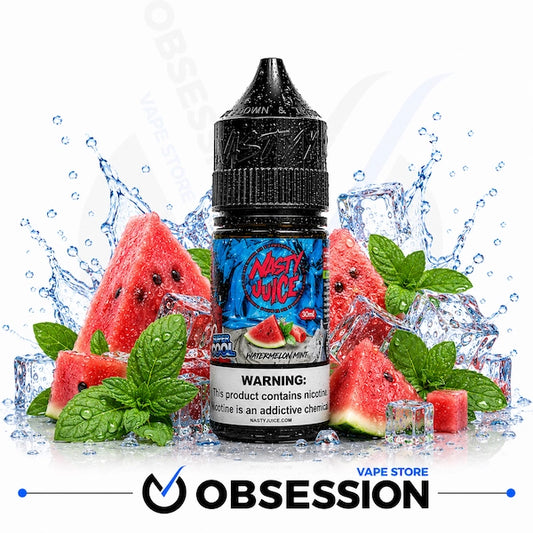 A bottle of Ment Outch watermelon-flavored vape juice is centered against a white background, surrounded by watermelon slices, mint leaves, ice cubes, and water splashes. The bottle has a black cap and a blue label with red and white text.