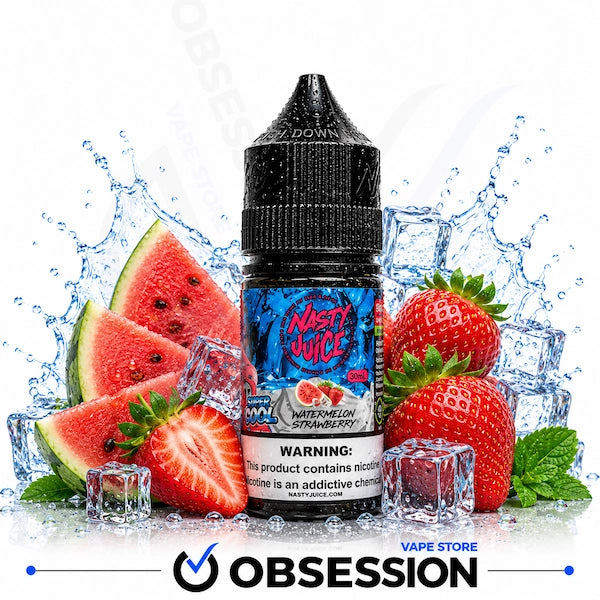 A bottle of Nasty Juice e-liquid in Watermelon Strawberry flavor, styled with fresh strawberries, watermelon slices, ice cubes, and water splashes on a white background. A 'Vape Store' and 'Obsession' logo watermark is visible at the bottom.