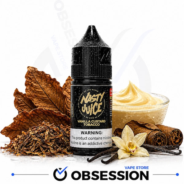 A bottle of Nasty Juice Vanilla Custard Tobacco e-liquid centered on a white background, surrounded by flavor props including dried tobacco leaves, cinnamon sticks, vanilla beans, a vanilla flower, and a bowl of creamy custard. A large Obsession watermark and 'OBSESSION' logo appear at the bottom.