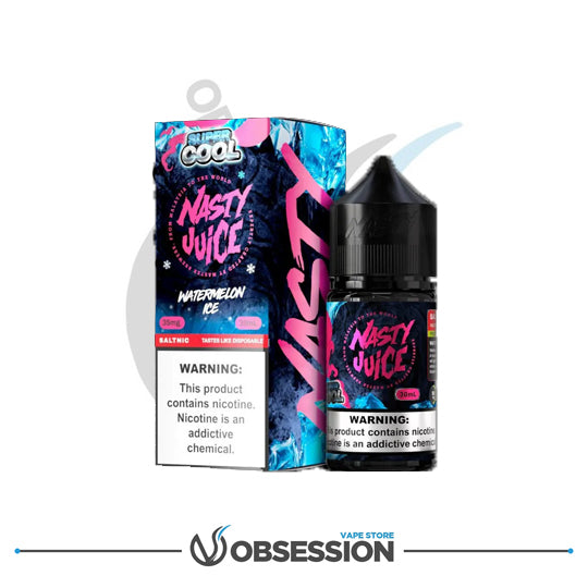 Nasty Juice watermelon e-liquid bottle and packaging on a white background with 'Vape Store Obsession' branding.