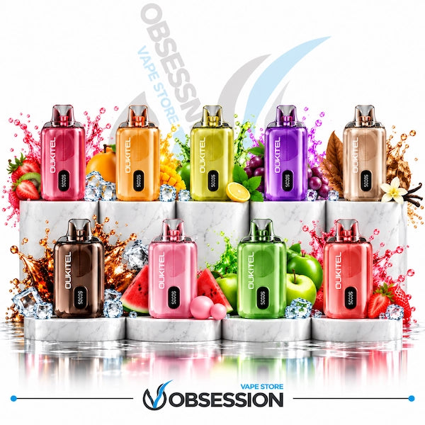 Eight Oukitel vape devices in assorted fruit and berry flavors, displayed on a white marble-patterned pedestal with colorful fruit illustrations and liquid splashes behind them. The devices come in pink, orange, yellow, purple, rose gold, brown, and red tones.
