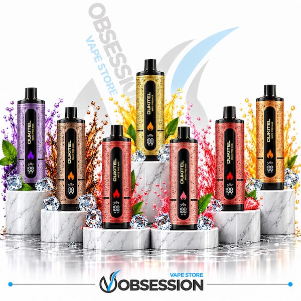 Six Oukitel vape devices in assorted metallic and glitter finishes are displayed on white marble pedestals with colorful liquid splash effects behind them. The devices feature black labels with the Quatel logo and flavor icons.