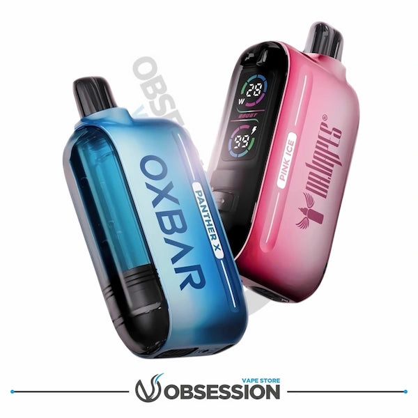 Two vape devices, one blue and one pink, with digital displays on a white background. Brand 'Oxbar' and 'Pink Ice' are visible.