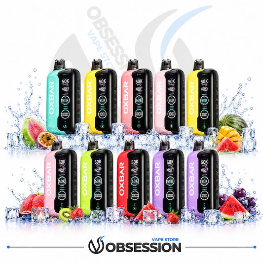 Assorted OXBAR vape devices with colorful packaging and fruit elements on a white background.