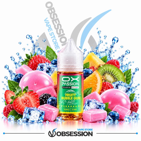 A 30ml bottle of OX PASSION Fruity Bubble Gum freeze salt nicotine e-liquid (30mg) with a transparent droplet-covered dropper cap, centered among an assortment of whole and sliced strawberries, kiwi slices, orange wedges, pineapple, blueberries, blackberries, raspberries, glossy pink bubblegum spheres, pink chewing gum pillows, and crystal-clear ice cubes with dynamic water splashes over a reflective surface on a white background, featuring a subtle background watermark and the "OBSESSION VAPE STORE" logo a