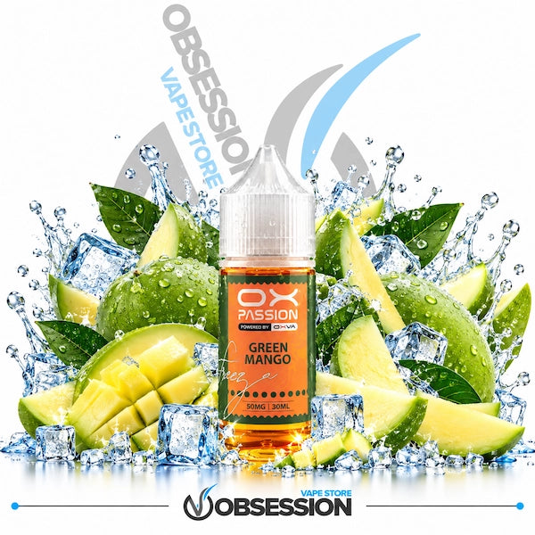 A bottle of OX Passion Green Mango e-liquid centered in front of a dynamic splash of water, ice cubes, and green mango slices and limes on a white background, with Obsession Vape Store branding visible.