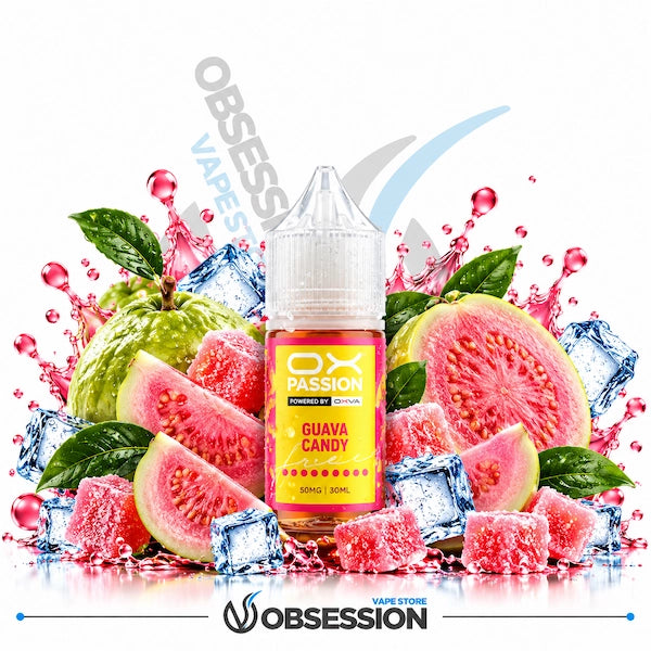 A bottle of OX Passion Guava Candy e-liquid centered against a white background, surrounded by illustrated fresh guavas, sliced pink fruit, green leaves, ice cubes, and candy pieces. Large 'OBSES' and 'OBSESSION' branding appears in the background and at the bottom.