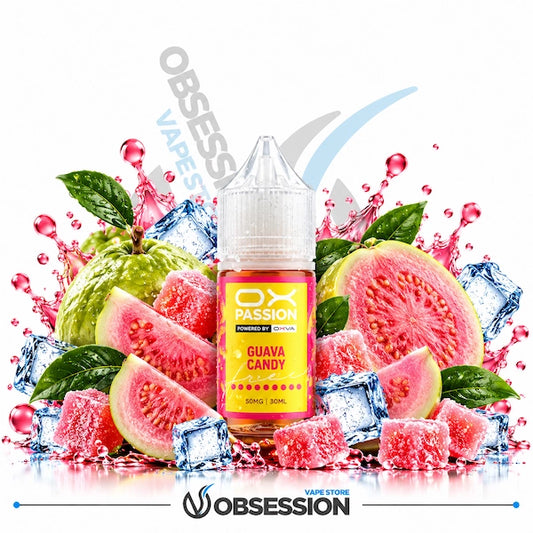 A bottle of OX Passion Guava Candy e-liquid centered against a white background, surrounded by illustrated fresh guavas, sliced pink fruit, green leaves, ice cubes, and candy pieces. Large 'OBSES' and 'OBSESSION' branding appears in the background and at the bottom.