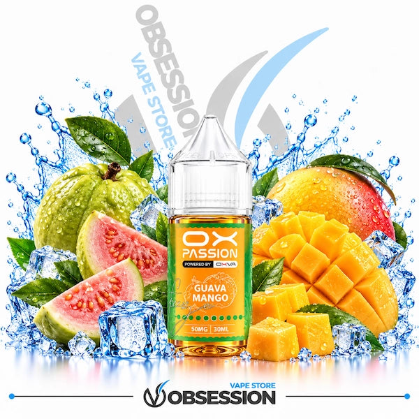 A bottle of OX Passion Guava Mango e-liquid centered against a white background, surrounded by fresh guava slices, mango pieces, green leaves, and water splashes. The bottle label reads 'OX PASSION' and 'GUAVA MANGO', with '50MG 30ML' at the bottom.