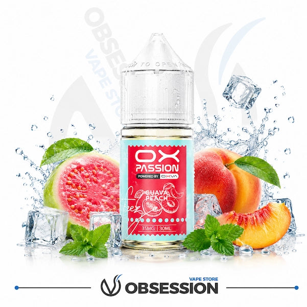 A bottle of OX Passion Guava Peach e-liquid centered on a white background, surrounded by fresh guava slices, peaches, mint leaves, and ice cubes with water splashes. The bottle label is red and light blue, and the brand name 'OX PASSION' is clearly visible on the front.