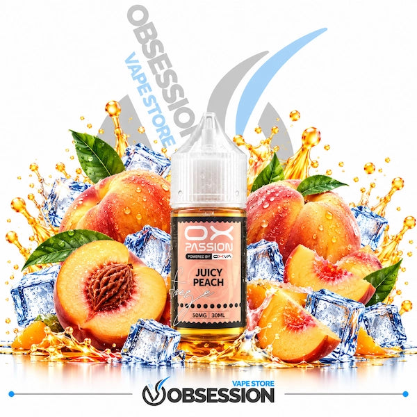 A bottle of OX Passion Juicy Peach e-liquid centered against a white background, surrounded by illustrated peaches, ice cubes, leaves, and golden liquid splashes. Large 'OBSESSION VAPE STORE' branding appears behind and below the product.