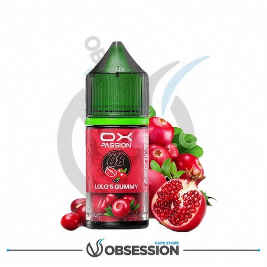 A 30ml bottle of OX Passion Freeze Lolo's Gummy nicotine salt e-liquid. The label features a colorful gummy candy design with icy blue accents, indicating a chilled fruit candy flavor.