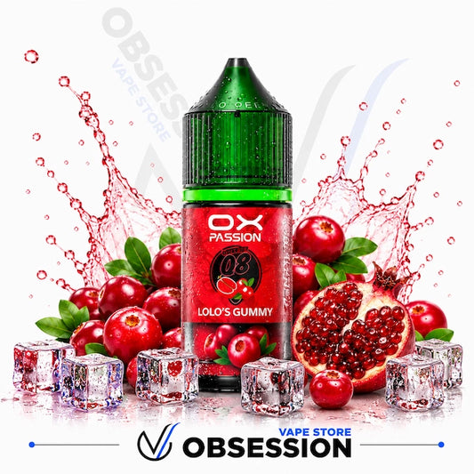 Vape juice bottle with red fruit and ice cubes on a white background, featuring 'OX Passion' and 'LOLO'S GUMMY'.