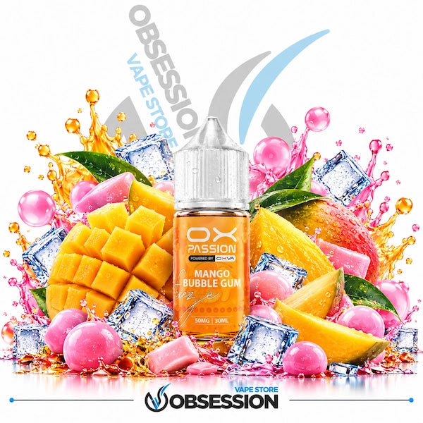 A bottle of OX Passion Mango Bubble Gum e-liquid centered over a vibrant fruit and ice splash arrangement, with the Obsession Vape Store branding visible.