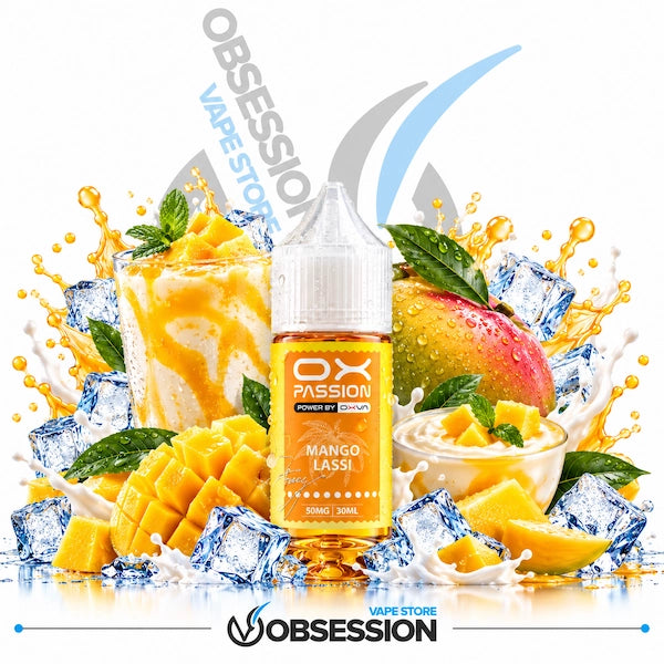 A bottle of OX Passion Vape Shop Mango Lassi e-liquid centered on a white background, surrounded by fresh mango slices, ice cubes, mint leaves, and a glass of mango drink with milk splash. Large 'OBSESSION VAPE STORE' branding appears behind and below the bottle.