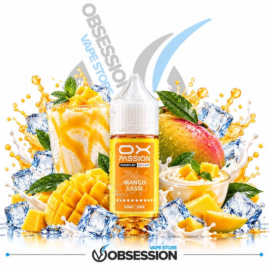 A bottle of OX Passion Vape Shop Mango Lassi e-liquid centered on a white background, surrounded by fresh mango slices, ice cubes, mint leaves, and a glass of mango drink with milk splash. Large 'OBSESSION VAPE STORE' branding appears behind and below the bottle.