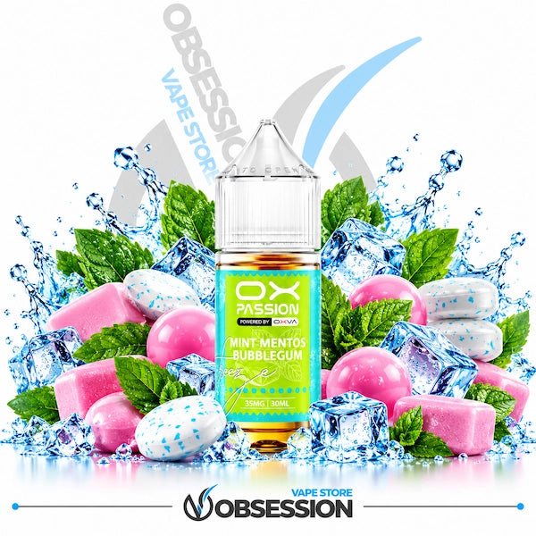 A 30ml bottle of OX PASSION Mint Mentos Bubblegum salt nicotine e-liquid (35mg) with a transparent droplet-covered dropper cap, centered among pink bubblegum pillows, glossy pink gumball spheres, blue-speckled white mint candy discs, fresh green mint leaves, and crystal-clear ice cubes with dynamic water splashes over a reflective surface on a white background, featuring a subtle background watermark and the "OBSESSION VAPE STORE" logo along the bottom border.