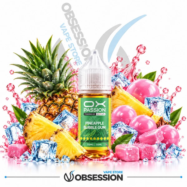 A bottle of OX Passion Pineapple Bubble Gum e-liquid centered in front of a stylized fruit and ice splash arrangement, including whole pineapples, sliced pineapple, pink bubblegum cubes, and blue ice cubes on a white background.