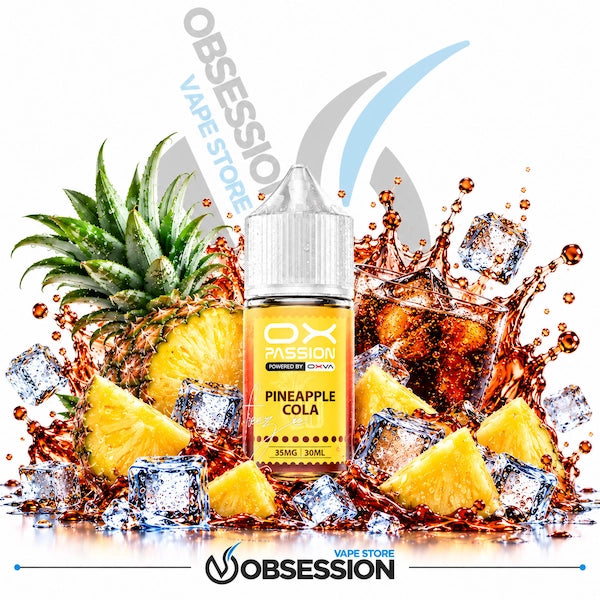 A bottle of OX Passion Pineapple Cola e-liquid centered against a white background, surrounded by a dynamic graphic of a whole pineapple, sliced pineapple, ice cubes, and an orange liquid splash. The OX Passion brand logo is visible on both the bottle label and as a watermark at the top and bottom.