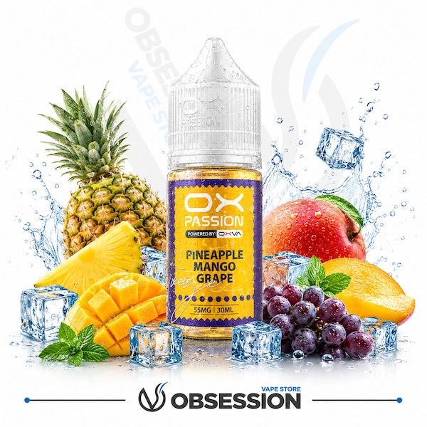 A bottle of OX Passion Pineapple Mango Grape e-liquid centered on a white background, surrounded by fresh pineapple, mango, grapes, a red apple, mint leaves, and ice cubes. The bottle label is yellow and purple, and the image includes the Obsession Vape Store logo at the bottom.