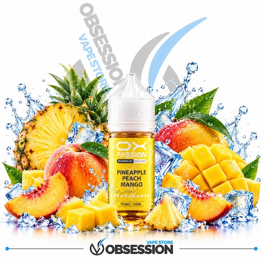 A 30ml bottle of OX PASSION Pineapple Peach Mango salt nicotine e-liquid (50mg) with a transparent droplet-covered dropper cap, centered among whole and sliced pineapples, ripe whole peaches and peach wedges, whole and diced cross-cut mangoes, green leaves, and crystal-clear ice cubes with dynamic water splashes over a reflective surface on a white background, featuring a subtle background watermark and the "OBSESSION VAPE STORE" logo along the bottom border.