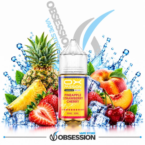 A bottle of OX PASSION vape e-liquid in Pineapple Strawberry Cherry flavor, centered in front of a highly stylized fruit and ice splash background featuring a pineapple, strawberries, peaches, cherries, and water droplets. The OX PASSION brand logo is clearly visible on the bottle label, and the Obsession Vape Store logo is shown at the bottom.