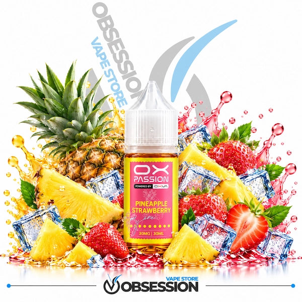 A bottle of OX Passion e-liquid in Pineapple Strawberry flavor, surrounded by a vibrant graphic of fresh pineapples, strawberries, ice cubes, and liquid splashes on a white background with Obsession Vape Store branding.
