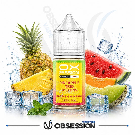 A 30ml bottle of Ox Passion e-liquid in Pineapple Trio Melons flavor, styled with fresh pineapple, watermelon, cantaloupe, mint, and ice cubes on a white background with splash effects.