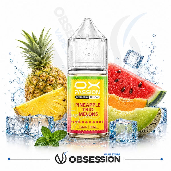 A 30ml bottle of Ox Passion e-liquid in Pineapple Trio Melons flavor, styled with fresh pineapple, watermelon, cantaloupe, mint, and ice cubes on a white background with splash effects.
