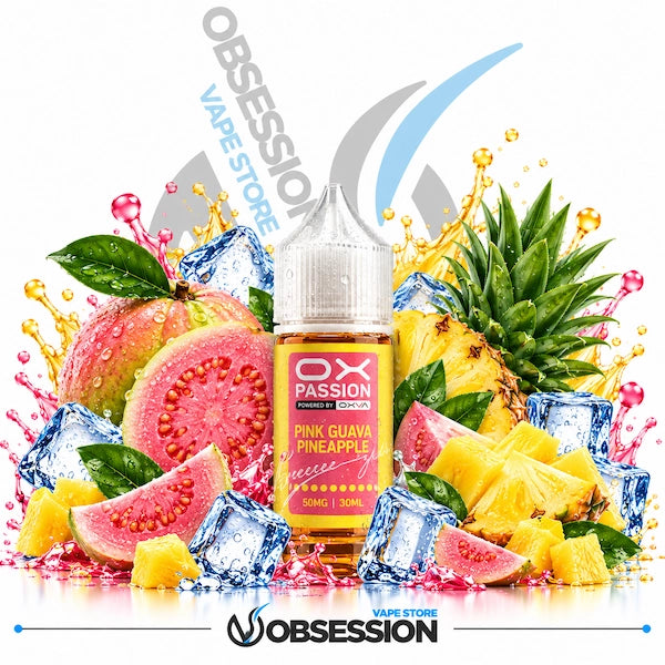A 30ml bottle of OX Passion e-liquid in Pink Guava Pineapple flavor, surrounded by fresh fruit slices, whole pineapples, ice cubes, and colorful liquid splashes on a white background with the Obsession Vape Store logo.