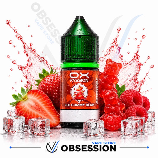 Vape juice bottle labeled 'OX Passion Red Gummy Bear' with strawberries, raspberries, and ice cubes on a white background.