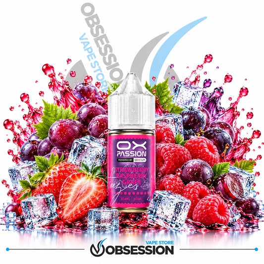 A bottle of OX Passion Pro Strawberry Raspberry Gummy e-liquid centered in front of a dynamic background of fresh strawberries, raspberries, grapes, ice cubes, and liquid splashes. The OX logo and 'OBSESSION VAPE STORE' branding are visible.