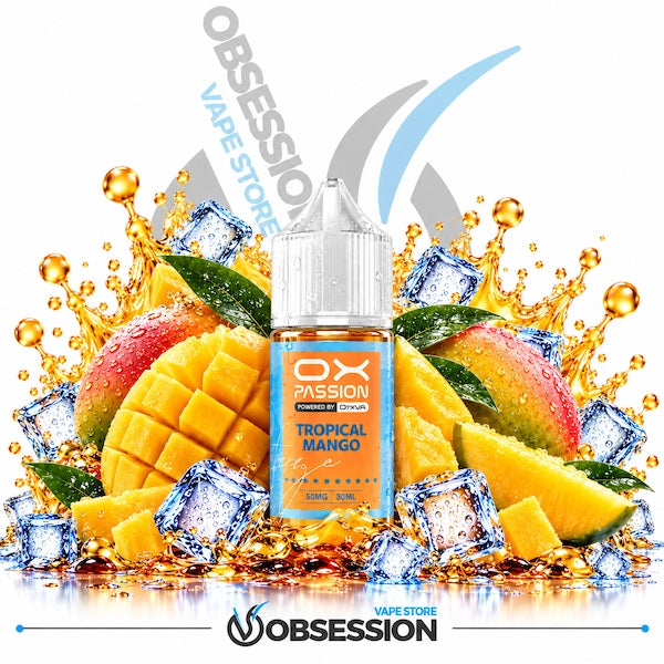A bottle of OX Passion Tropical Mango e-liquid centered against a white background, surrounded by sliced mango, ice cubes, and golden liquid splashes. The bottle label is orange and blue, and the image includes Obsession Vape Store branding at the top and bottom.