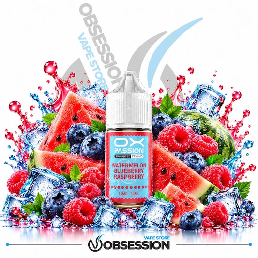 A bottle of OX Passion Vapes e-liquid in the Watermelon Blueberry Raspberry flavor, centered against a white background with a dynamic splash of watermelon slices, blueberries, raspberries, and ice cubes. The OX Passion Vapes logo is visible on the bottle and as a large watermark behind it, with the Obsession VAPE STORE logo at the bottom.