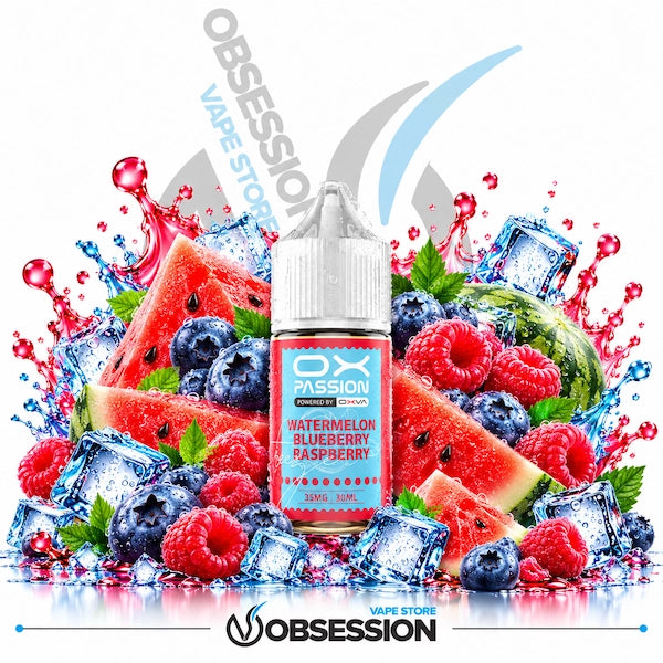A bottle of OX Passion Vapes e-liquid in the Watermelon Blueberry Raspberry flavor, centered against a white background with a dynamic splash of watermelon slices, blueberries, raspberries, and ice cubes. The OX Passion Vapes logo is visible on the bottle and as a large watermark behind it, with the Obsession VAPE STORE logo at the bottom.
