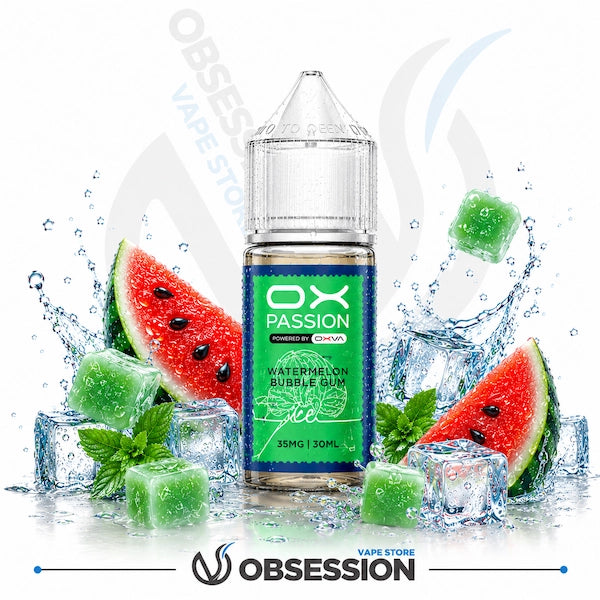 A 30ml bottle of OX Passion Watermelon Bubble Gum e-liquid by Obsession Vape Store, surrounded by watermelon slices, mint leaves, and green ice cubes on a white background with water splashes.