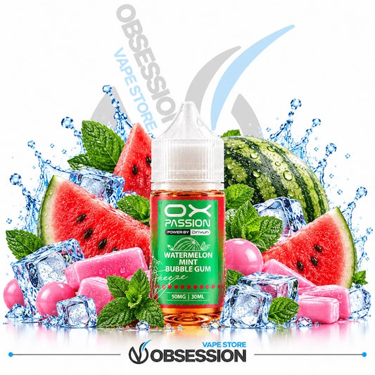 A 30ml bottle of OX Passion Watermelon Mint Bubble Gum e-liquid, surrounded by fresh watermelon slices, mint leaves, pink bubble gum pieces, and ice cubes on a white background with water splashes.