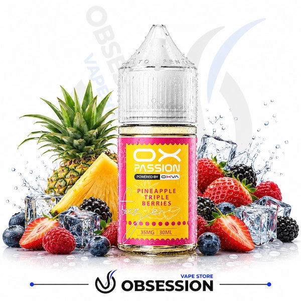 A bottle of OX Passion e-liquid in Pineapple Triple Berries flavor, surrounded by fresh pineapple, strawberries, blueberries, blackberries, and ice cubes on a white background with a 'Vape Store' watermark and an 'Obsession' logo at the bottom.