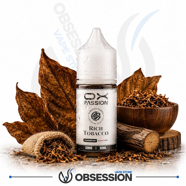 A bottle of OX Passion 'Rich Tobacco' e-liquid by SMXVA, styled with dried tobacco leaves, a wooden bowl of loose tobacco, and a small burlap sack on a white background with an Obsession store watermark.