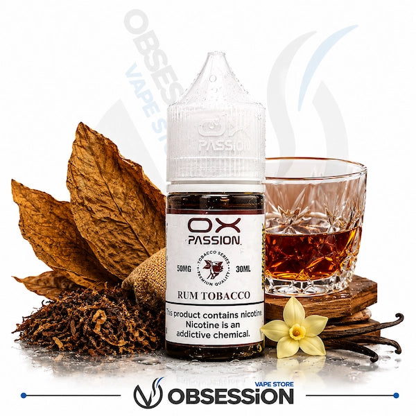 A bottle of OX PASSION Rum Tobacco e-liquid is centered, styled with dried tobacco leaves, loose tobacco, a glass of amber liquor, and a small yellow flower on a white background with Obsession branding.