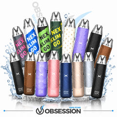 Twelve NEXlim Go disposable vape devices in various colors are arranged in a fan shape on a reflective surface with water splash graphics. The vapes feature different color options including black, brown, purple, pink, blue, green, white, and silver, each with a metallic silver mouthpiece.