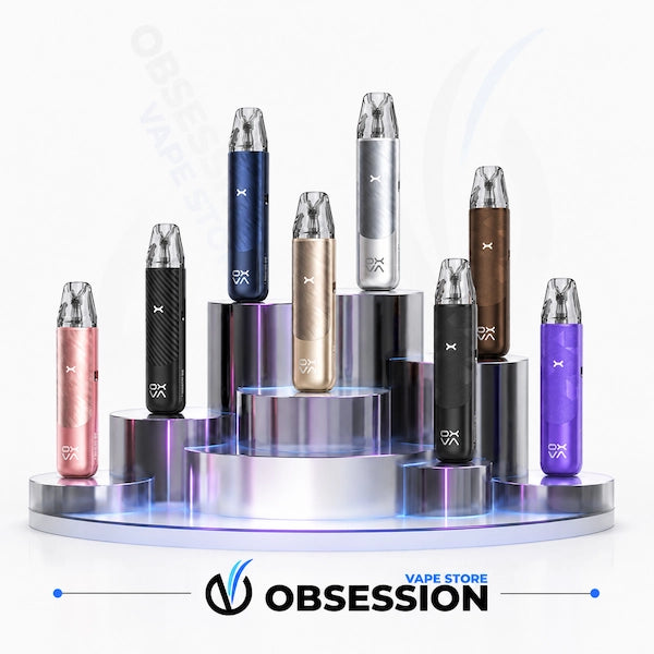 Eight Nexlim vape devices in various colors (pink, black, blue, gold, silver, brown, black, purple) are displayed on a metallic tiered pedestal with blue LED lighting. The Obsession Vape Store logo is visible at the bottom.
