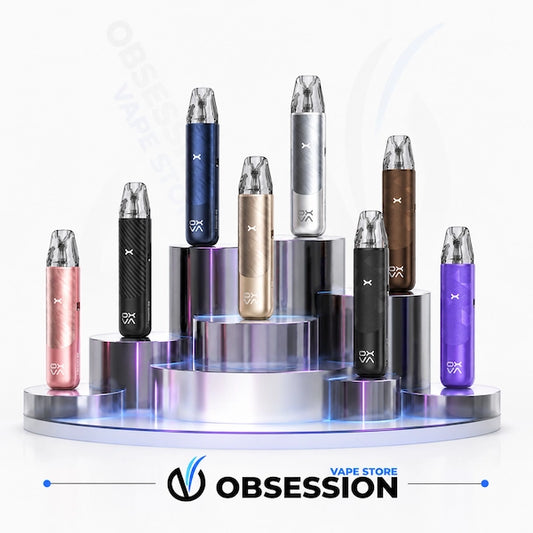 Eight Nexlim vape devices in various colors (pink, black, blue, gold, silver, brown, black, purple) are displayed on a metallic tiered pedestal with blue LED lighting. The Obsession Vape Store logo is visible at the bottom.