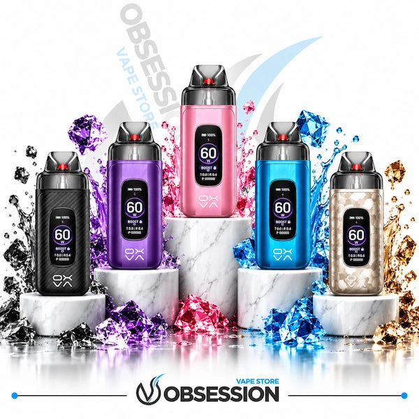 Five EX Series vape devices in different colors (black, purple, pink, blue, and champagne gold) arranged on white marble pedestals with colorful liquid splashes behind them. The brand name 'Obsession' is visible at the bottom.