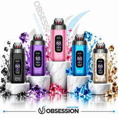Five EX Series vape devices in different colors (black, purple, pink, blue, and champagne gold) arranged on white marble pedestals with colorful liquid splashes behind them. The brand name 'Obsession' is visible at the bottom.