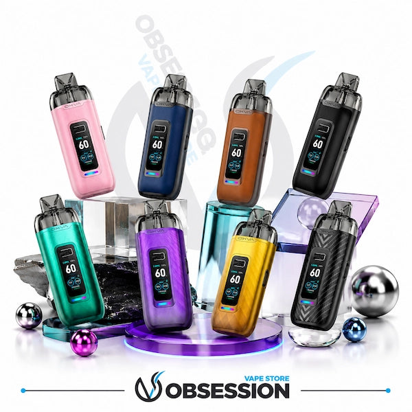 Eight disposable vape devices in assorted colors (pink, blue, orange, black, green, purple, gold, and carbon fiber) are arranged on reflective platforms and stands against a white background with Obsession branding.